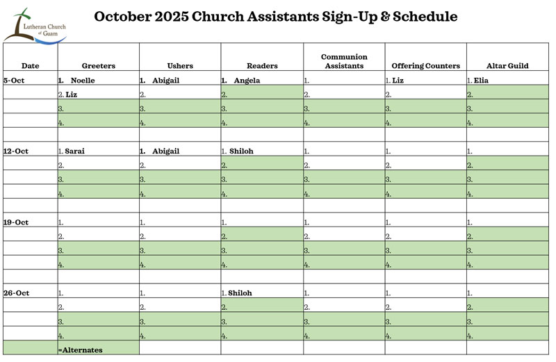 October 2025 Church Assistants Sign-Up & Schedule